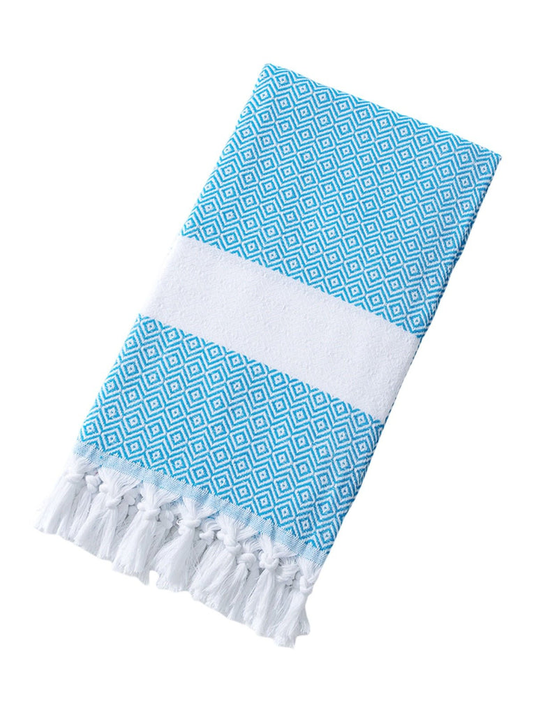 Serviette plage hammam coton, grande taille légère, séchage rapide, motif losange, franges tressées, modèle Ténor - Bleu