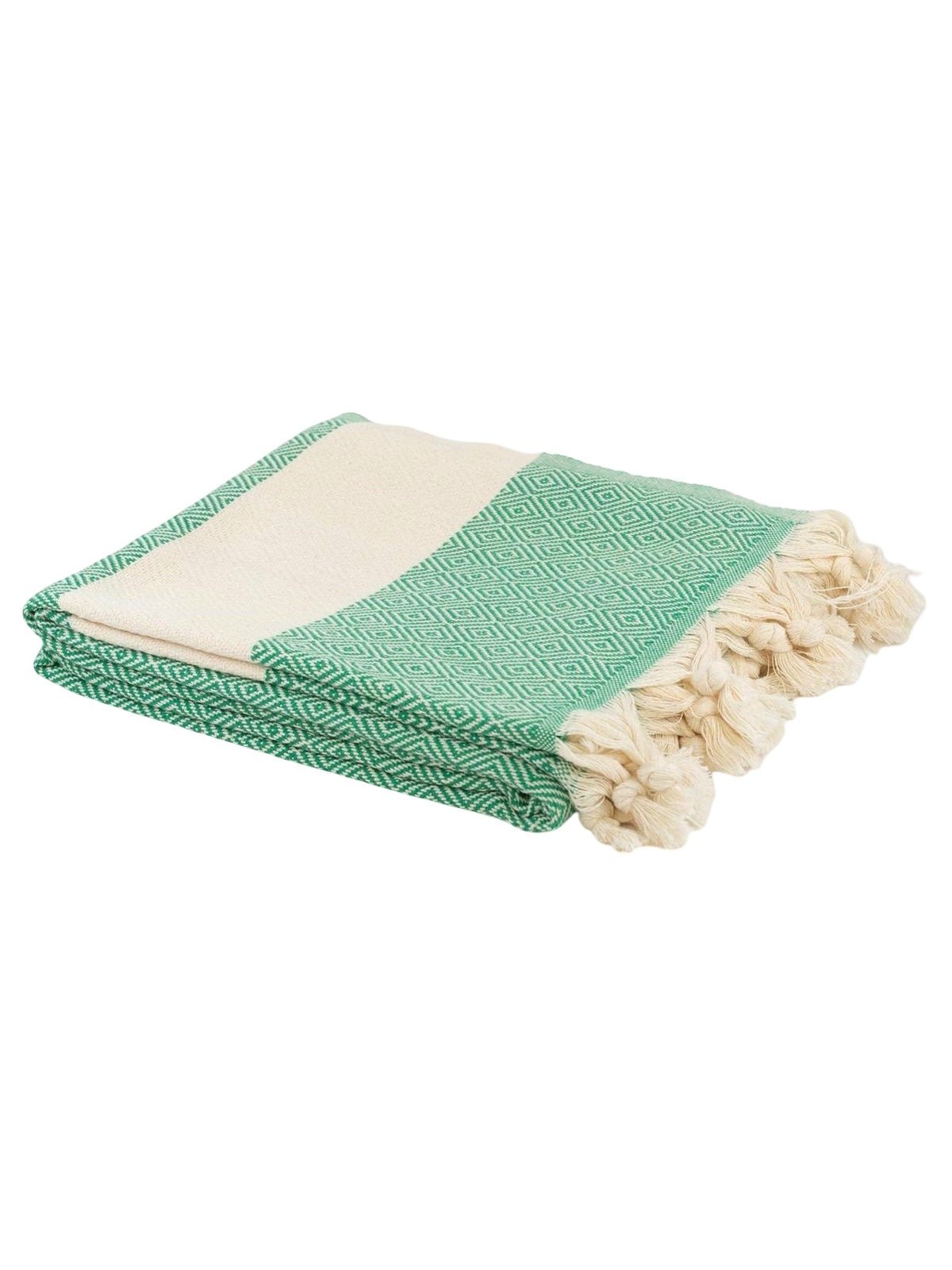 Serviette plage hammam coton, grande taille légère, séchage rapide, motif losange, franges tressées, modèle Ténor - Vert