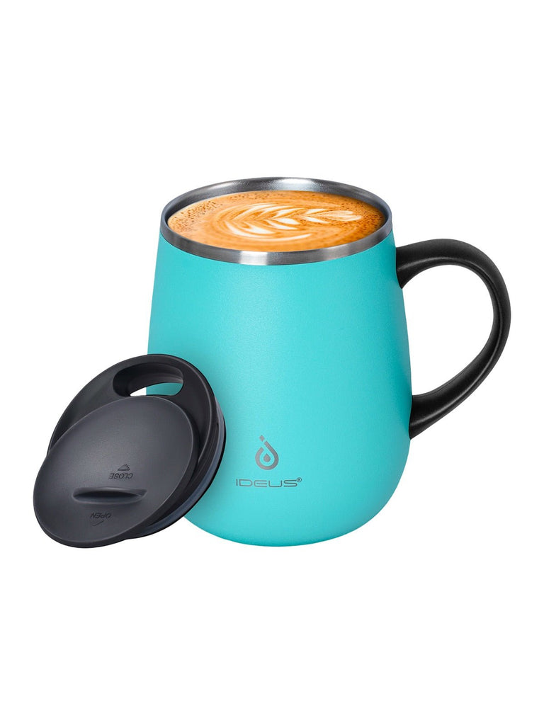 Tasse isotherme gamme IDEUS, mug inox double paroi, 470 ml, couvercle étanche, conservation chaud froid, anse ergonomique, sans BPA, design nordique, usage bureau ou voyage, modèle Aker - Gourde et Thermos - Turquoise