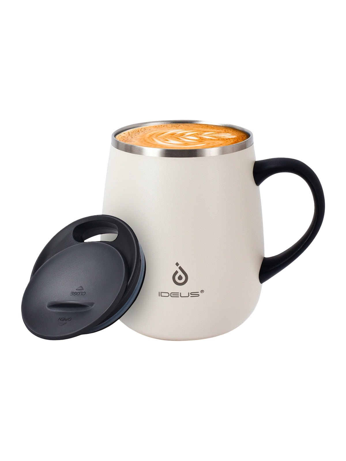 Tasse isotherme gamme IDEUS, mug inox double paroi, 470 ml, couvercle étanche, conservation chaud froid, anse ergonomique, sans BPA, design nordique, usage bureau ou voyage, modèle Aker - Gourde et Thermos - Blanc