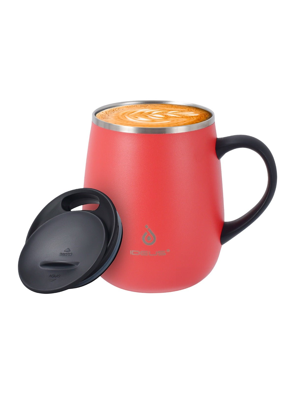Tasse isotherme gamme IDEUS, mug inox double paroi, 470 ml, couvercle étanche, conservation chaud froid, anse ergonomique, sans BPA, design nordique, usage bureau ou voyage, modèle Aker - Gourde et Thermos - Rouge