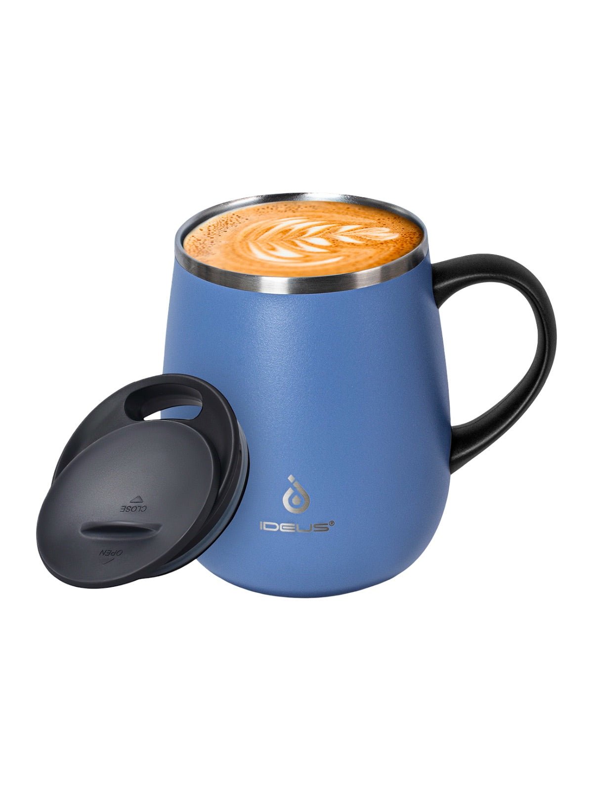 Tasse isotherme gamme IDEUS, mug inox double paroi, 470 ml, couvercle étanche, conservation chaud froid, anse ergonomique, sans BPA, design nordique, usage bureau ou voyage, modèle Aker - Gourde et Thermos - Bleu