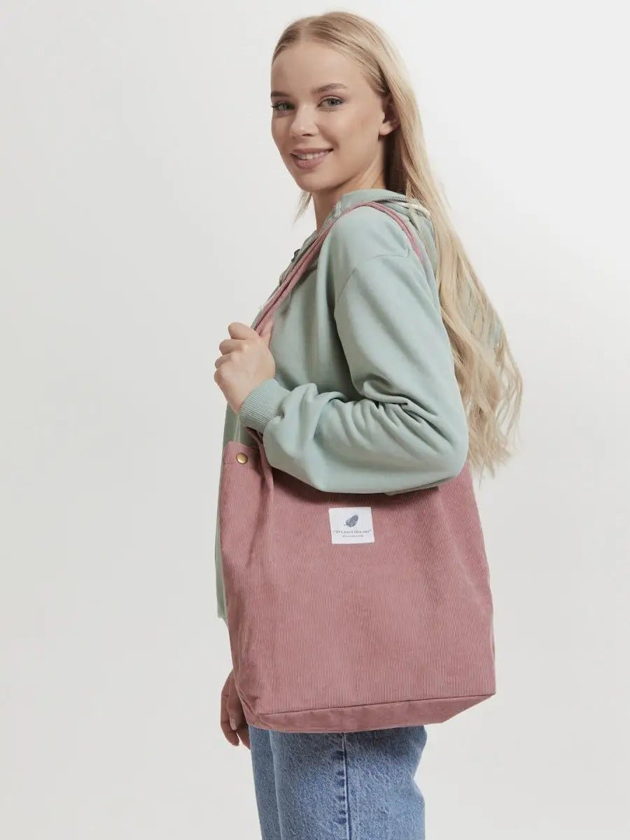 Tote - bag en velours côtelé, sac épaule femme, cabas léger, sac shopper A4, sac mode décontractée, modèle Leya - Tote - bag - Rose foncé