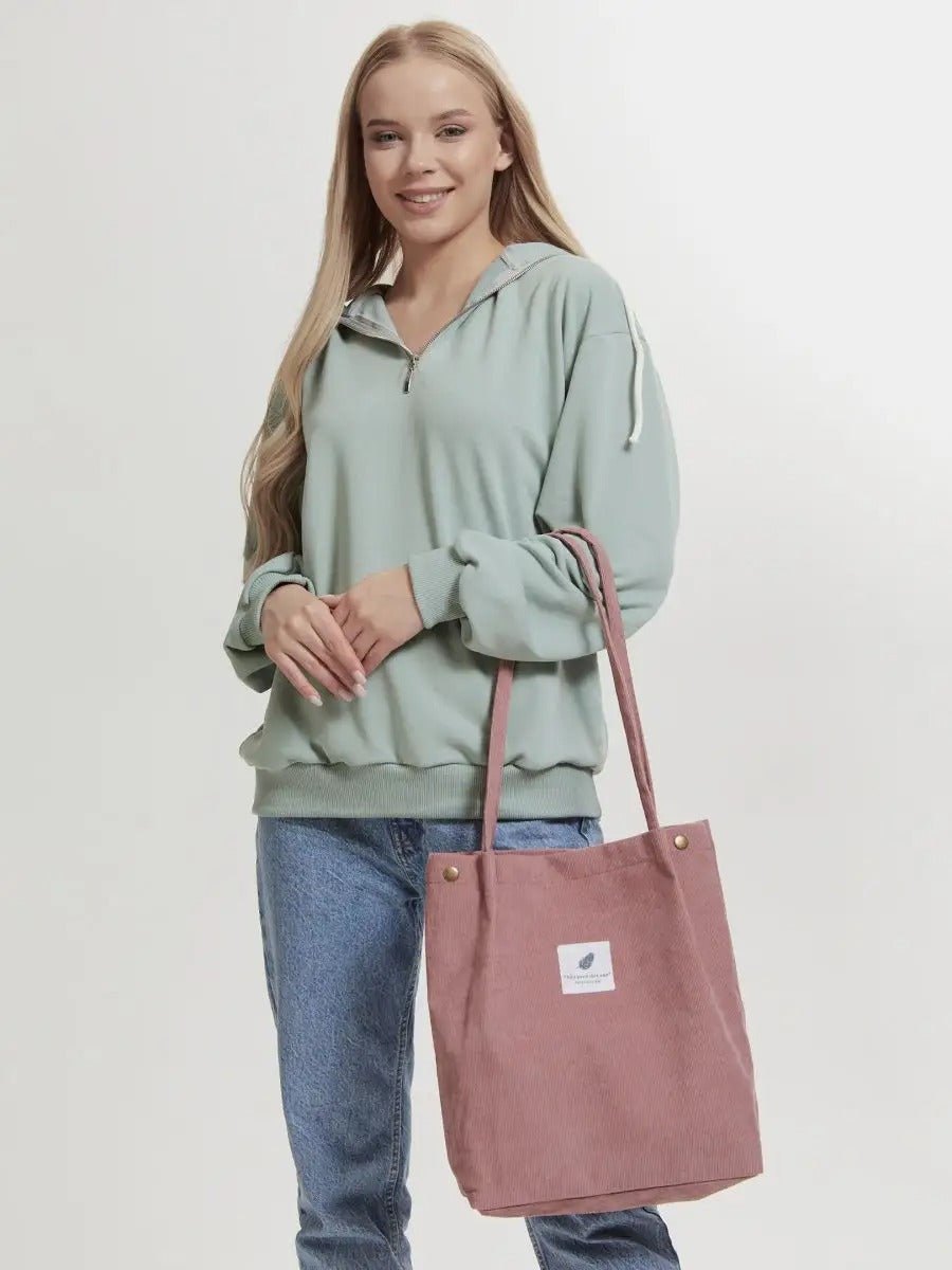 Tote - bag en velours côtelé, sac épaule femme, cabas léger, sac shopper A4, sac mode décontractée, modèle Leya - Tote - bag - Rose foncé