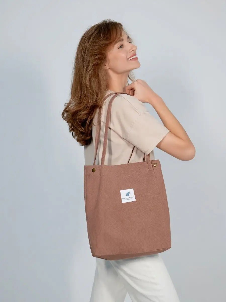 Tote - bag en velours côtelé, sac épaule femme, cabas léger, sac shopper A4, sac mode décontractée, modèle Leya - Tote - bag - Camel