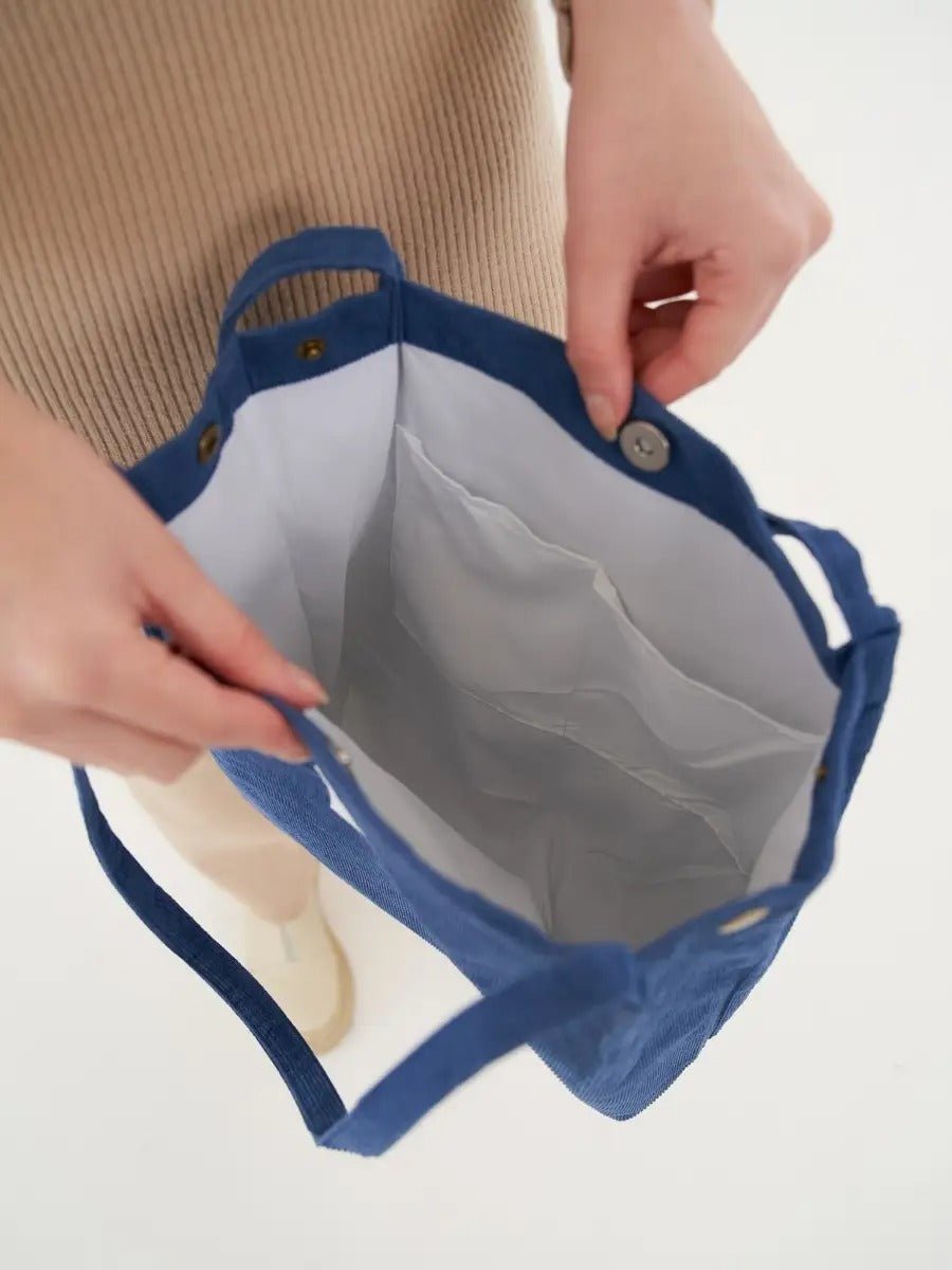 Tote - bag en velours côtelé, sac épaule femme, cabas léger, sac shopper A4, sac mode décontractée, modèle Leya - Tote - bag - Bleu