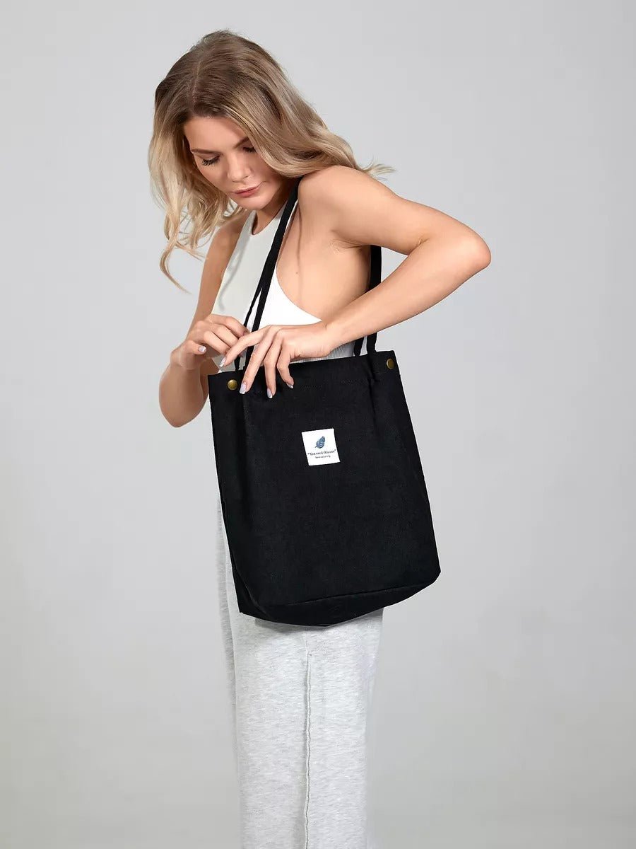 Tote - bag en velours côtelé, sac épaule femme, cabas léger, sac shopper A4, sac mode décontractée, modèle Leya - Tote - bag - Noir