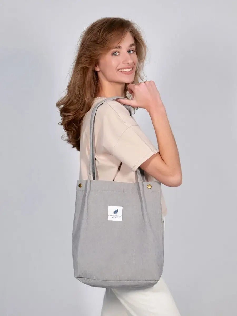 Tote - bag en velours côtelé, sac épaule femme, cabas léger, sac shopper A4, sac mode décontractée, modèle Leya - Tote - bag - Gris