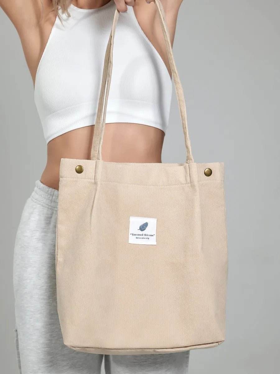 Tote - bag en velours côtelé, sac épaule femme, cabas léger, sac shopper A4, sac mode décontractée, modèle Leya - Tote - bag - Beige
