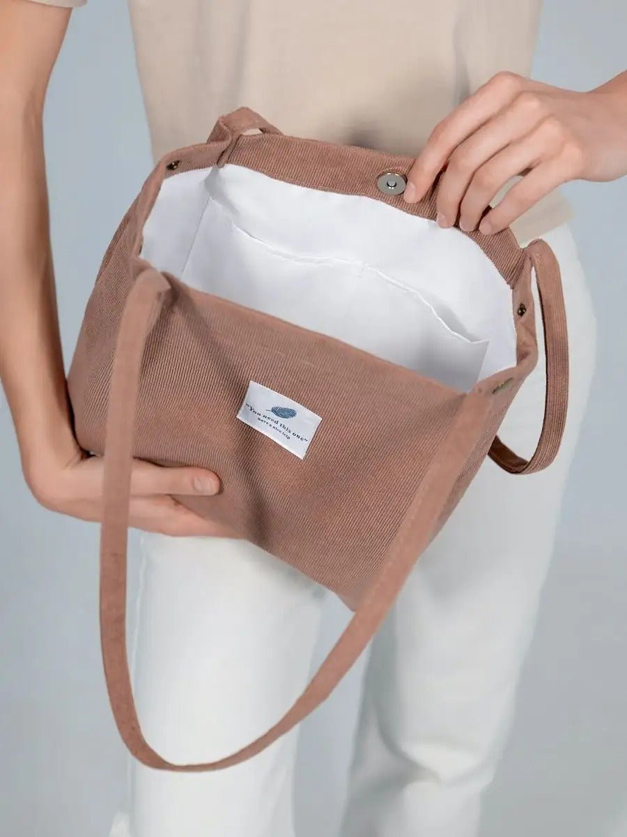 Tote - bag en velours côtelé, sac épaule femme, cabas léger, sac shopper A4, sac mode décontractée, modèle Leya - Tote - bag - Camel