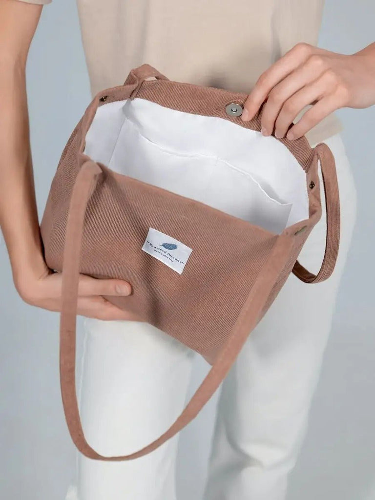 Tote - bag en velours côtelé, sac épaule femme, cabas léger, sac shopper A4, sac mode décontractée, modèle Leya - Tote - bag - Camel