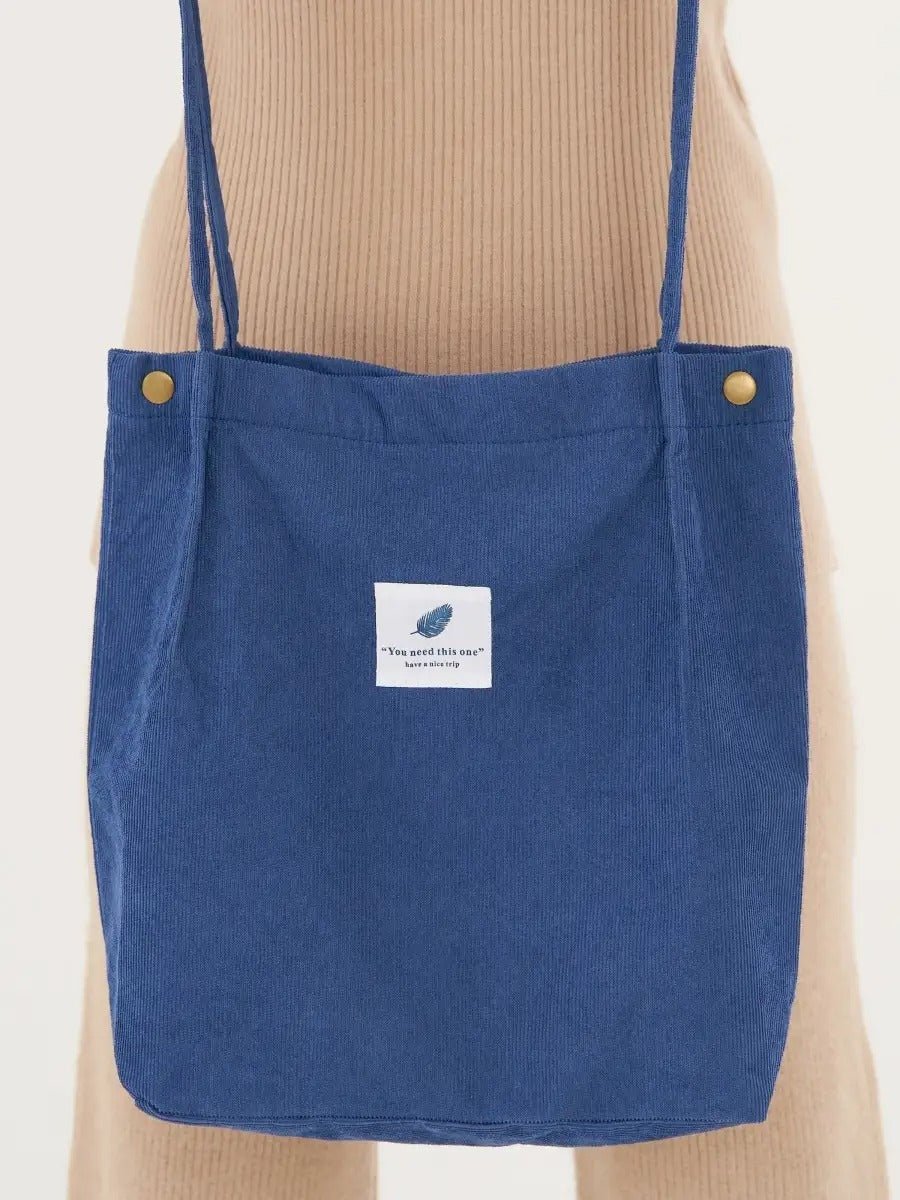 Tote - bag en velours côtelé, sac épaule femme, cabas léger, sac shopper A4, sac mode décontractée, modèle Leya - Tote - bag - Bleu