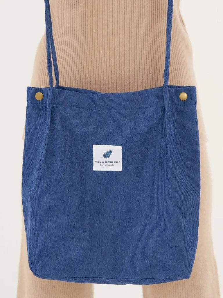 Tote - bag en velours côtelé, sac épaule femme, cabas léger, sac shopper A4, sac mode décontractée, modèle Leya - Tote - bag - Bleu
