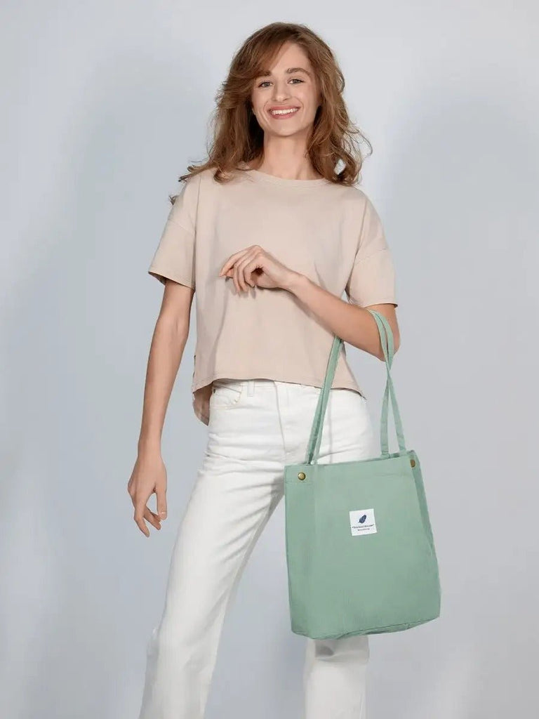 Tote - bag en velours côtelé, sac épaule femme, cabas léger, sac shopper A4, sac mode décontractée, modèle Leya - Tote - bag - Vert