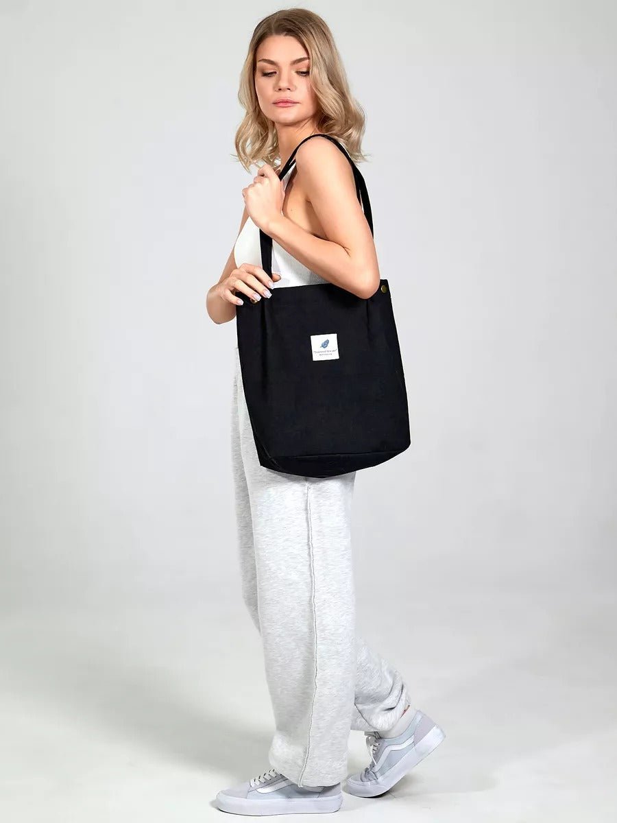 Tote - bag en velours côtelé, sac épaule femme, cabas léger, sac shopper A4, sac mode décontractée, modèle Leya - Tote - bag - Noir