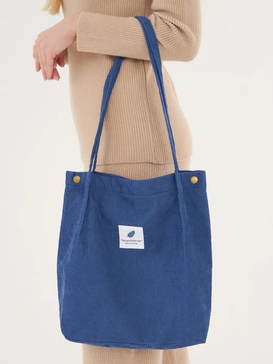 Tote - bag en velours côtelé, sac épaule femme, cabas léger, sac shopper A4, sac mode décontractée, modèle Leya - Tote - bag - Bleu