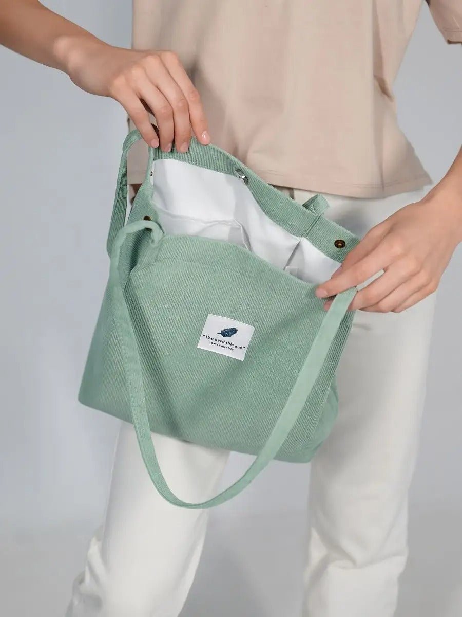 Tote - bag en velours côtelé, sac épaule femme, cabas léger, sac shopper A4, sac mode décontractée, modèle Leya - Tote - bag - Vert