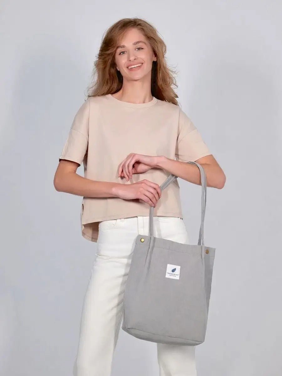 Tote - bag en velours côtelé, sac épaule femme, cabas léger, sac shopper A4, sac mode décontractée, modèle Leya - Tote - bag - Gris