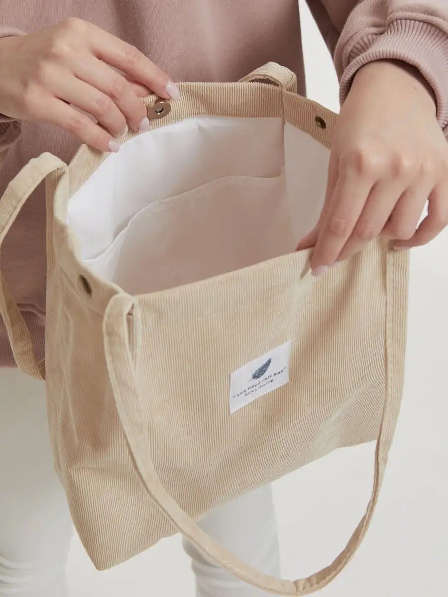 Tote - bag en velours côtelé, sac épaule femme, cabas léger, sac shopper A4, sac mode décontractée, modèle Leya - Tote - bag - Beige