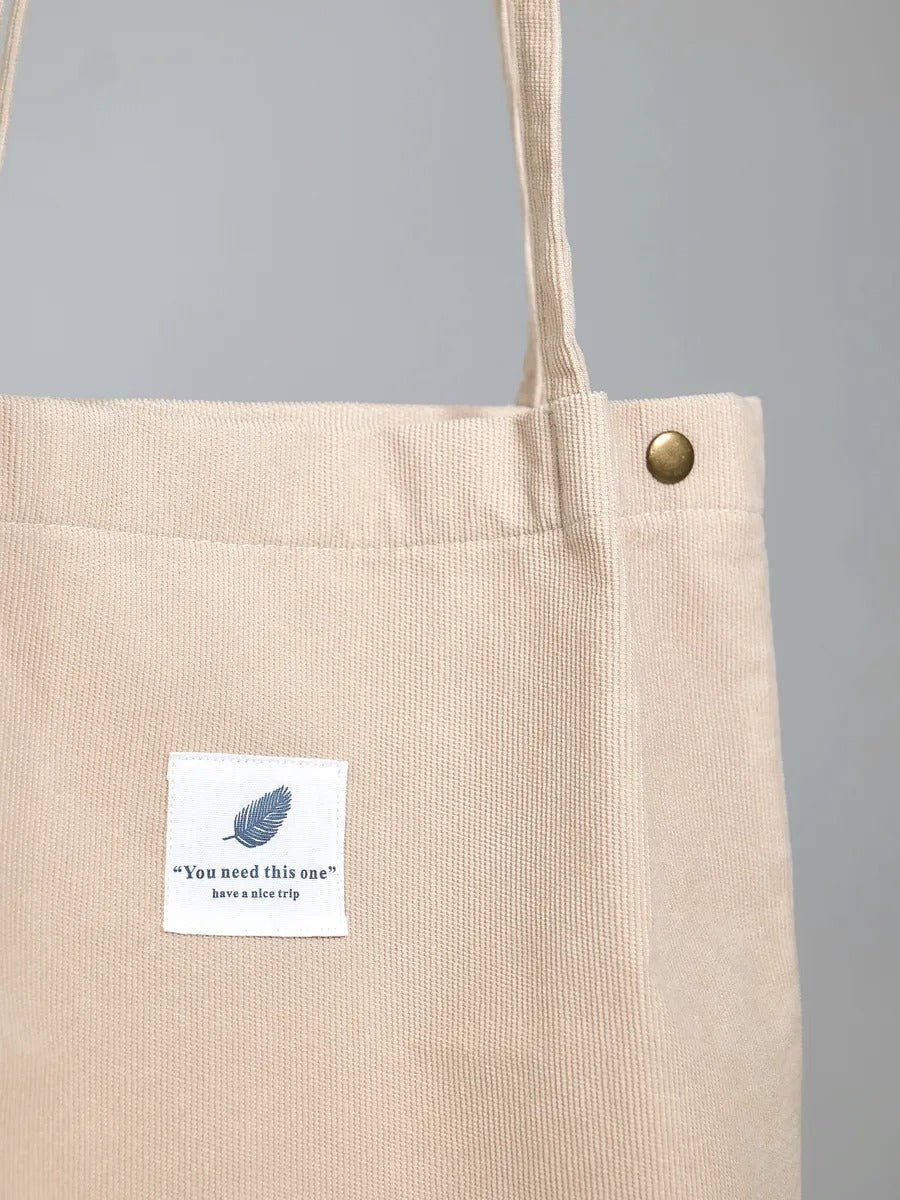 Tote - bag en velours côtelé, sac épaule femme, cabas léger, sac shopper A4, sac mode décontractée, modèle Leya - Tote - bag - Beige
