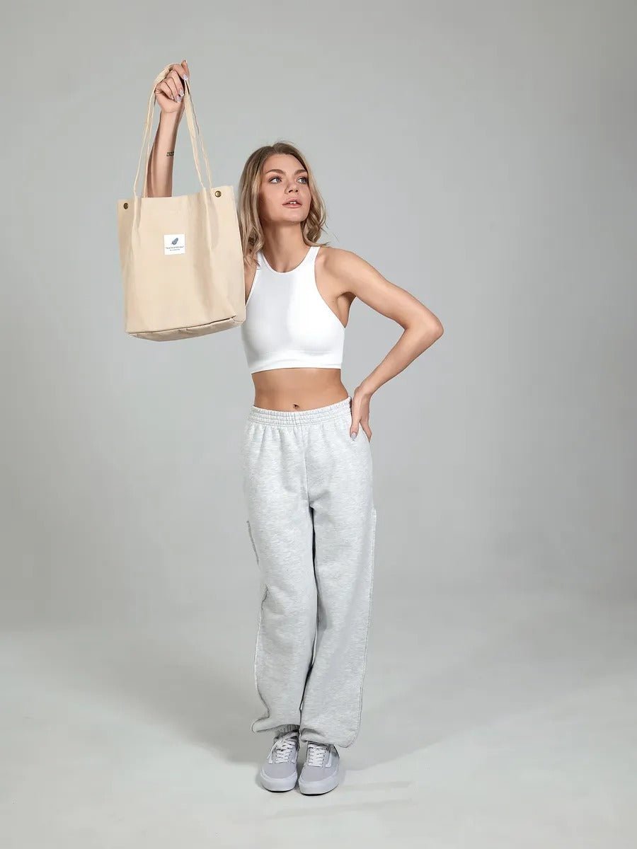 Tote - bag en velours côtelé, sac épaule femme, cabas léger, sac shopper A4, sac mode décontractée, modèle Leya - Tote - bag - Beige