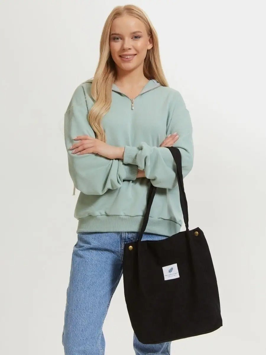 Tote - bag en velours côtelé, sac épaule femme, cabas léger, sac shopper A4, sac mode décontractée, modèle Leya - Tote - bag - Noir