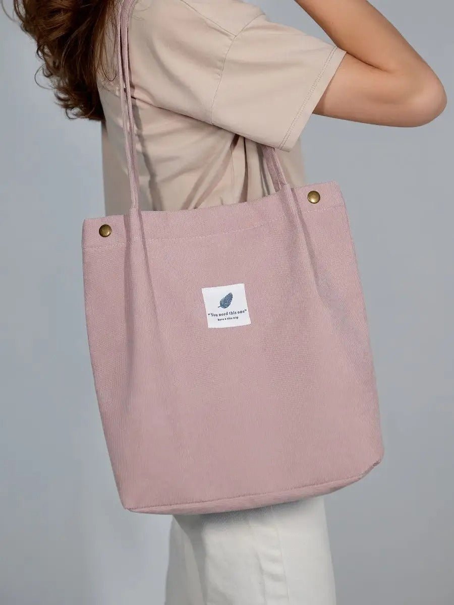 Tote - bag en velours côtelé, sac épaule femme, cabas léger, sac shopper A4, sac mode décontractée, modèle Leya - Tote - bag - Rose
