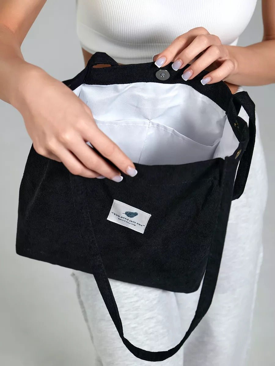 Tote - bag en velours côtelé, sac épaule femme, cabas léger, sac shopper A4, sac mode décontractée, modèle Leya - Tote - bag - Noir