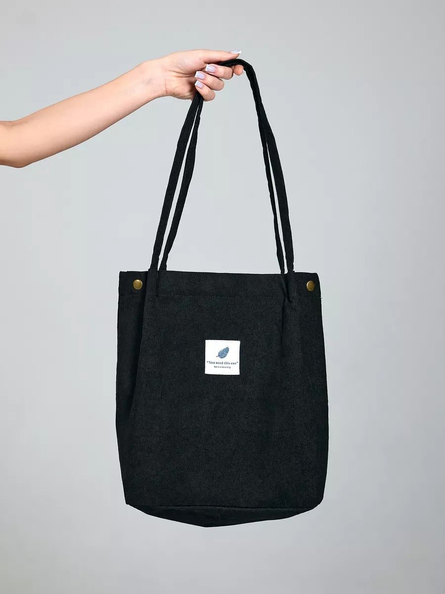 Tote - bag en velours côtelé, sac épaule femme, cabas léger, sac shopper A4, sac mode décontractée, modèle Leya - Tote - bag - Noir