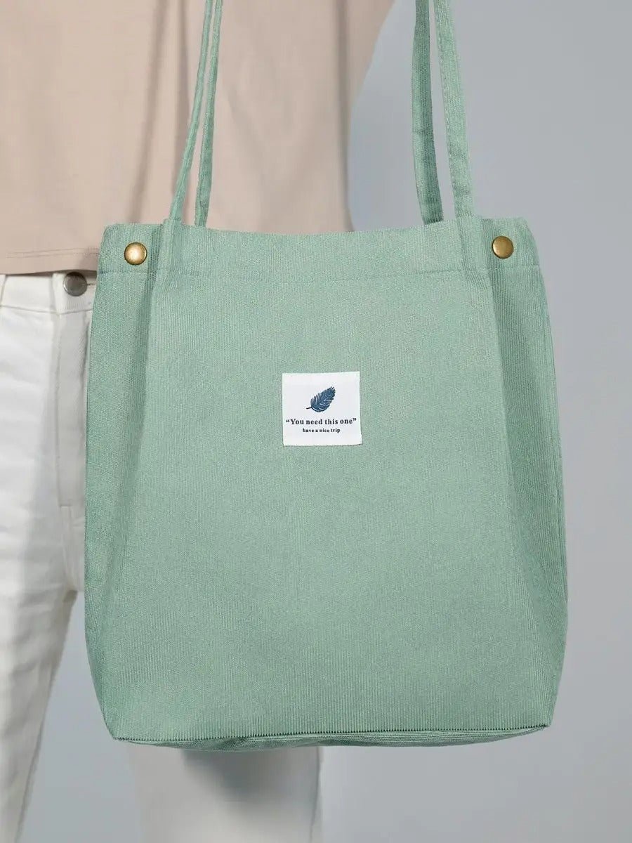 Tote - bag en velours côtelé, sac épaule femme, cabas léger, sac shopper A4, sac mode décontractée, modèle Leya - Tote - bag - Vert