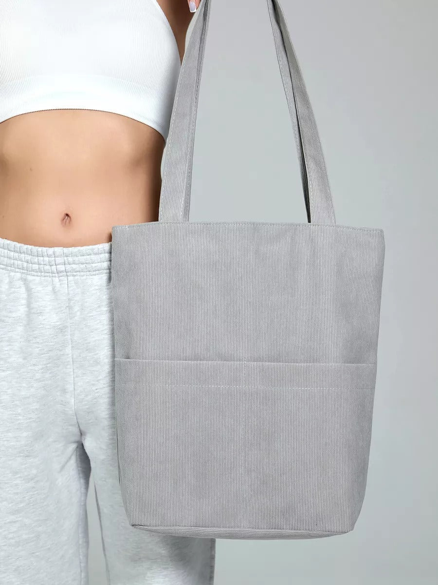 Tote - bag femme, sac shopping velours côtelé, sac fourre - tout grande capacité, sac épaule léger, sac quotidien moderne, modèle Aïcha - Tote - bag - Gris