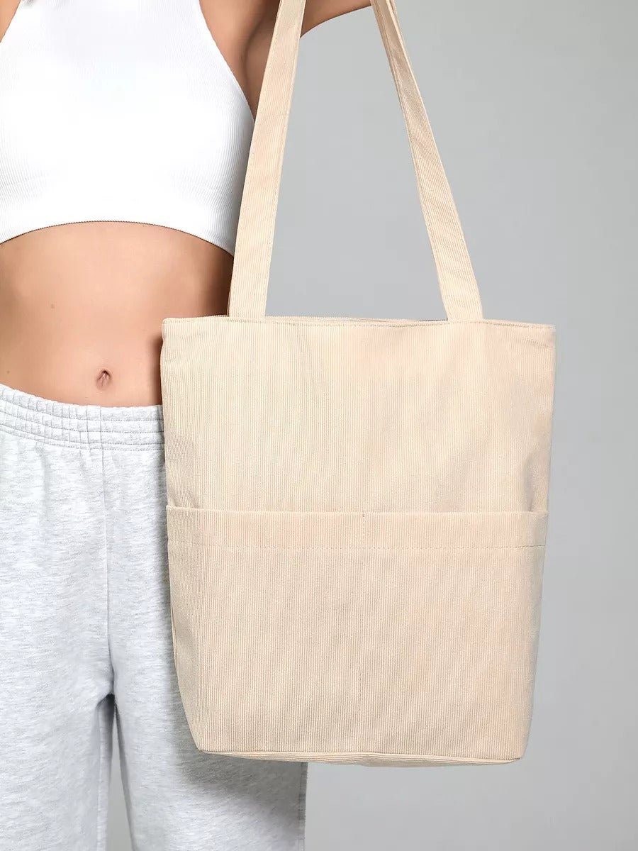 Tote - bag femme, sac shopping velours côtelé, sac fourre - tout grande capacité, sac épaule léger, sac quotidien moderne, modèle Aïcha - Tote - bag - Beige