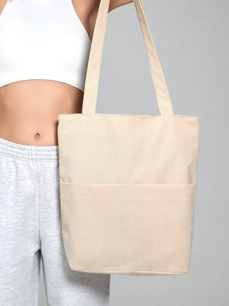 Tote - bag femme, sac shopping velours côtelé, sac fourre - tout grande capacité, sac épaule léger, sac quotidien moderne, modèle Aïcha - Tote - bag - Beige