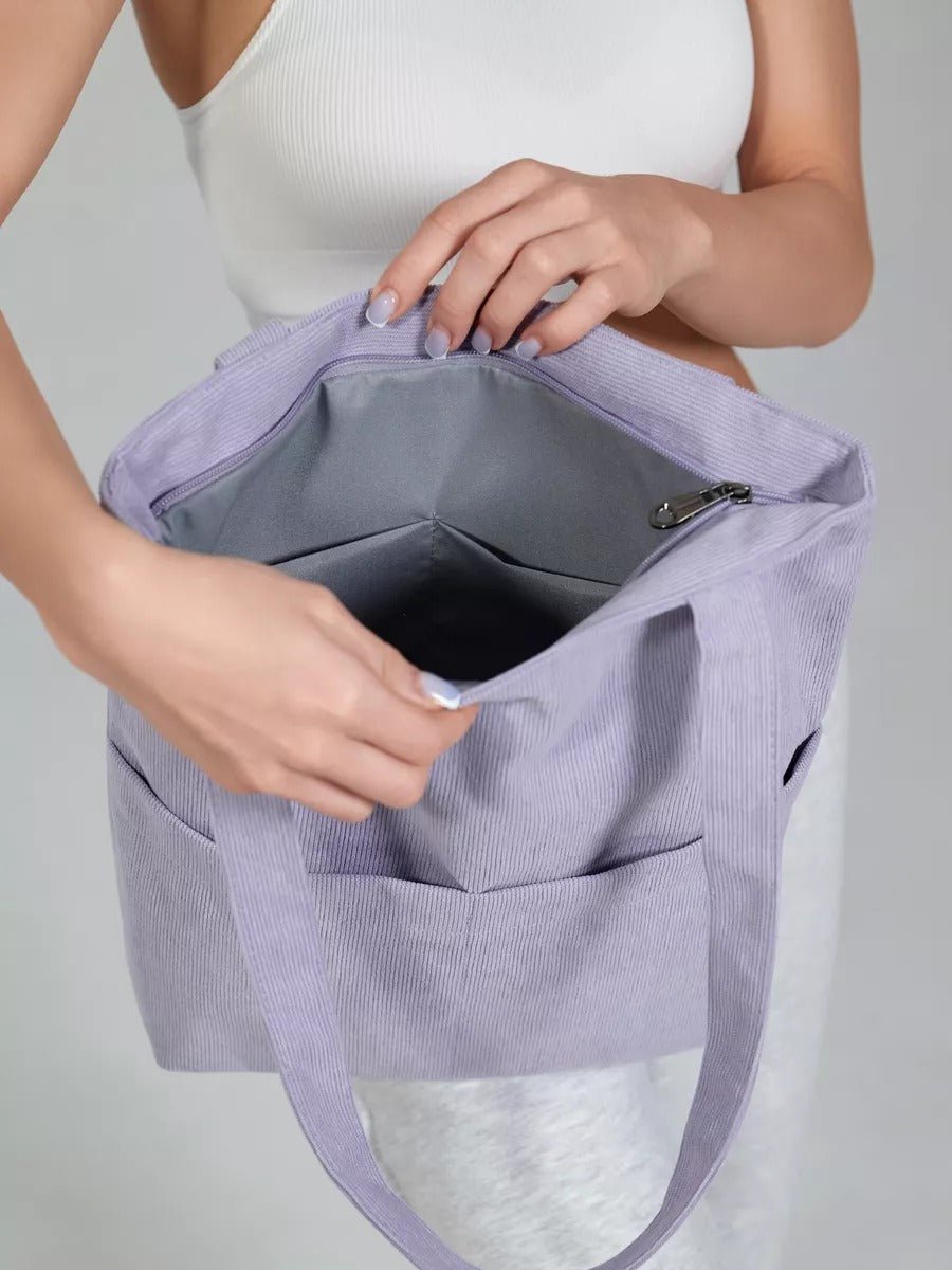 Tote - bag femme, sac shopping velours côtelé, sac fourre - tout grande capacité, sac épaule léger, sac quotidien moderne, modèle Aïcha - Tote - bag - Lavande