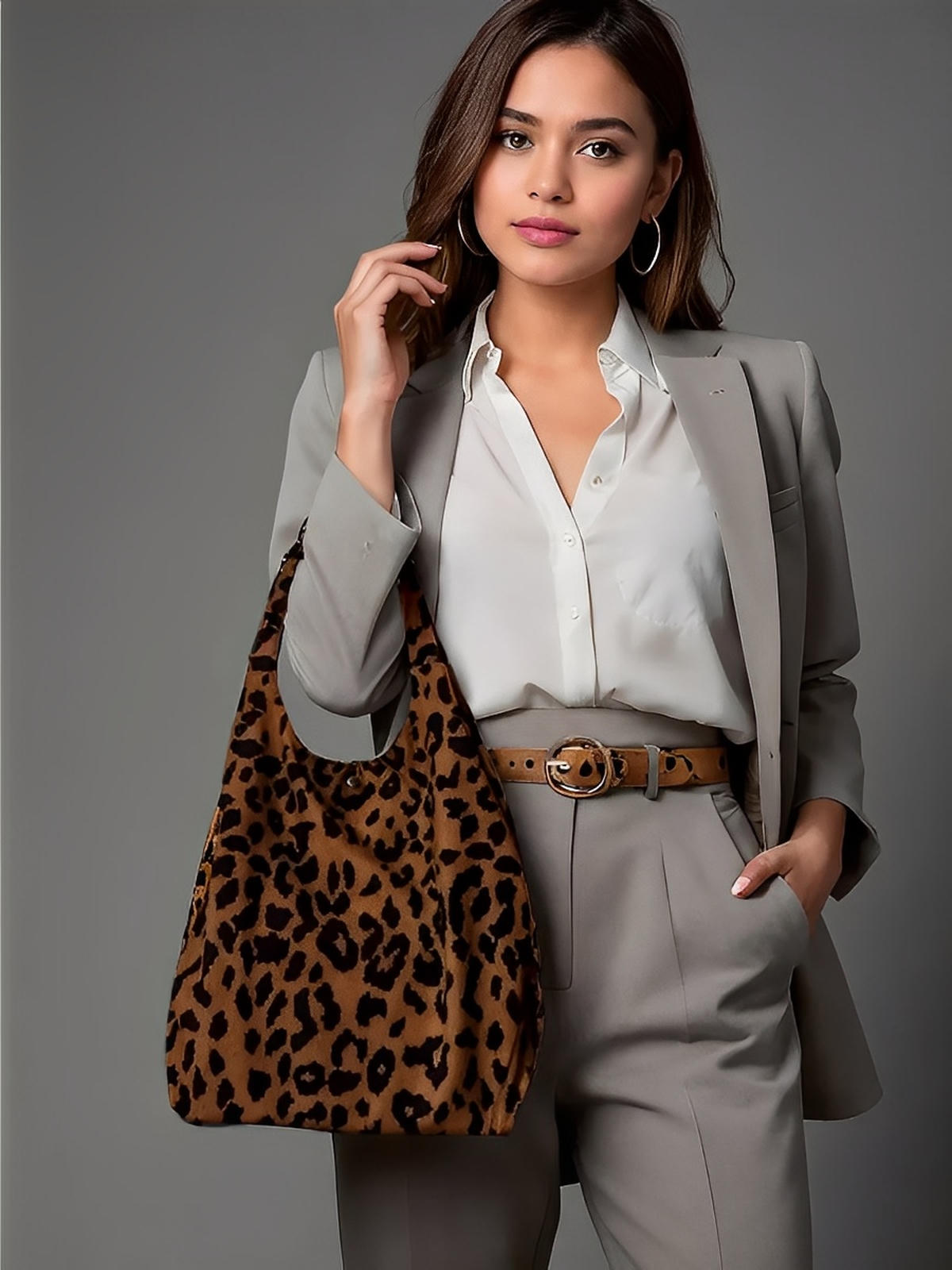 Tote - bag léopard, sac épaule femme, sac de plage velours, sac souple léger, sac imprimé animalier, modèle Aline - Sac à main - Léopard