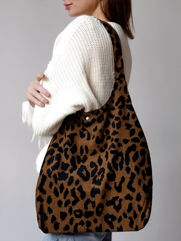 Tote - bag léopard, sac épaule femme, sac de plage velours, sac souple léger, sac imprimé animalier, modèle Aline - Sac à main - Léopard