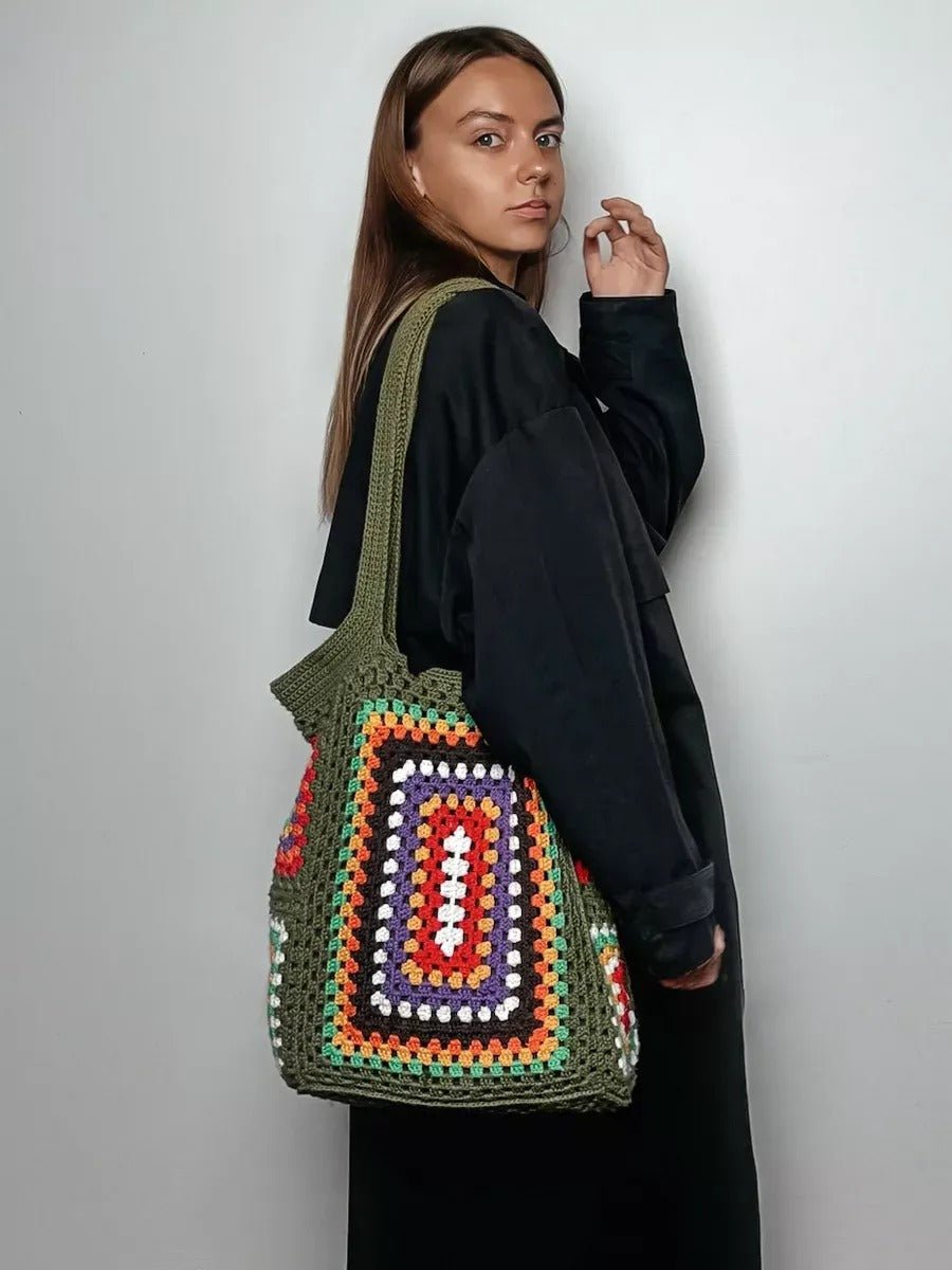 Tote - bag sac crochet multicolore, cabas bohème, sac épaule souple, tote bag vintage, sac vert à anses longues, modèle Amanda - Sac à main - Multicolore