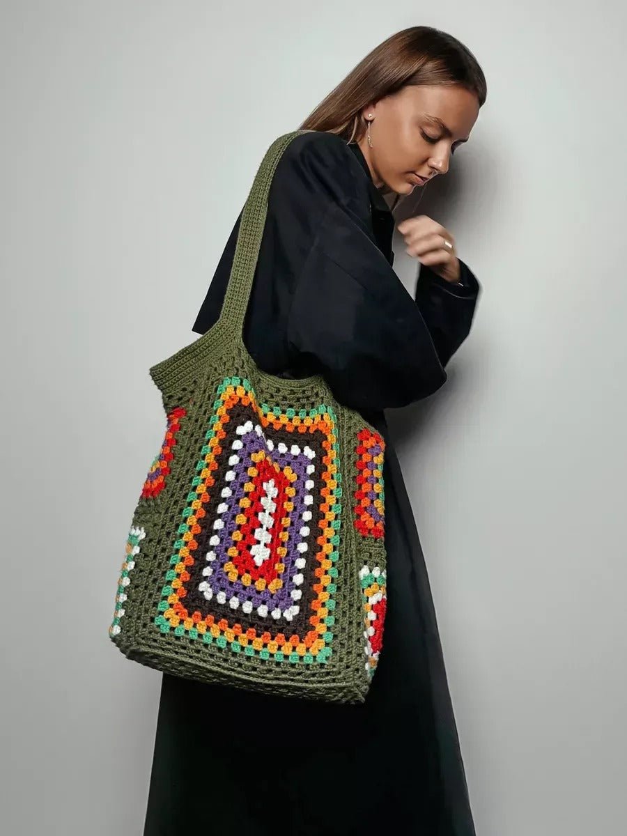 Tote - bag sac crochet multicolore, cabas bohème, sac épaule souple, tote bag vintage, sac vert à anses longues, modèle Amanda - Sac à main - Multicolore
