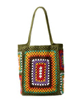Tote - bag sac crochet multicolore, cabas bohème, sac épaule souple, tote bag vintage, sac vert à anses longues, modèle Amanda - Sac à main - Multicolore