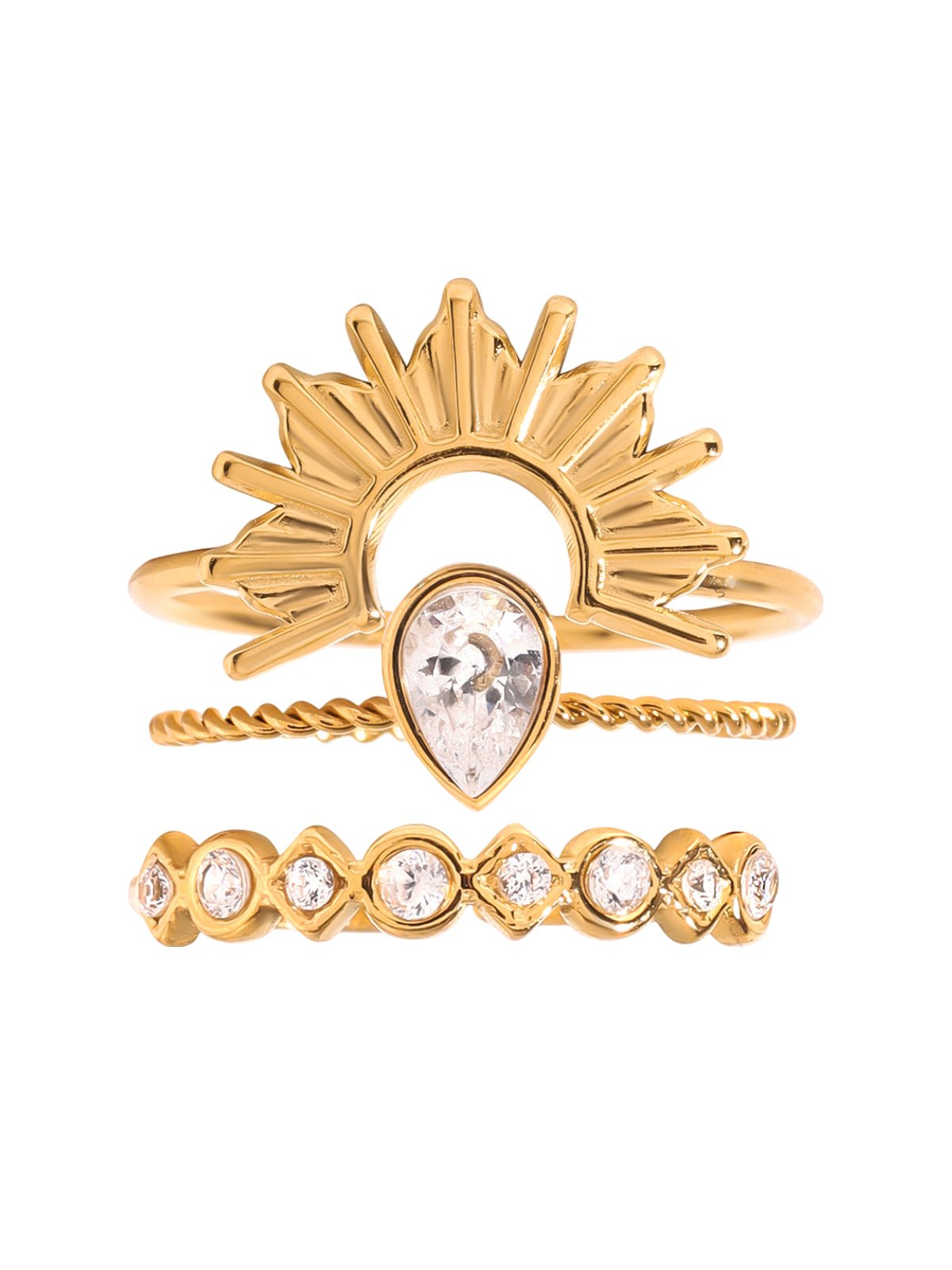 Trio de bagues soleil, bague goutte zircon, bague fine torsadée, bague sertie, dorée en acier inoxydable, modèle Alana - Bague - Or